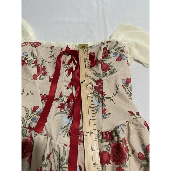 Women’s German Style Cosplay Dress Sz S Red Florals Tie Bodice Puff Off Shoulder - Picture 16 of 16